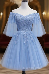 Lovely Light Blue With Lace Off Shoulder Short Evening Prom Dress, Blue Homecoming Dress
