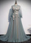 Lovely Long Sleeves Tulle Prom Dress with Flowers, Unique Long Prom Dress with Lace Applique