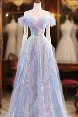 Lovely Off Shoulder A-Line Tulle And Sequins Evening Prom Dress, Sweetheart Long Evening Dress