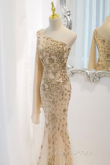 Lovely One Shoulder Champagne Sequins Mermaid Evening Prom Dress, Champagne Evening Dress