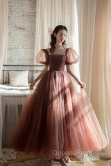 Lovely Puffy Sleeves Tulle Long Party Dress, Scoop Ball Gown Long Evening Prom Dress