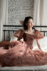 Lovely Puffy Sleeves Tulle Long Party Dress, Scoop Ball Gown Long Evening Prom Dress
