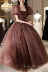 Lovely Puffy Sleeves Tulle Long Party Dress, Scoop Ball Gown Long Evening Prom Dress