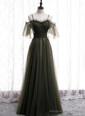 Lovely Simple Off Shoulder Straps Long Tulle Party Dresses, Simple Formal Dress Prom Dress