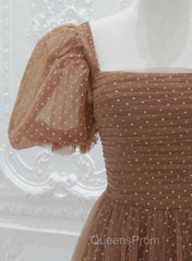 Lovely Simple Tulle Short Sleeves A-Line Party Dress, Long Tulle Formal Dress Evening Dress