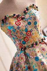 Lovely Sweetheart Floral Sequin Long Evening Prom Dress, A-Line Strapless Evening Dress