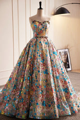 Lovely Sweetheart Floral Sequin Long Evening Prom Dress, A-Line Strapless Evening Dress