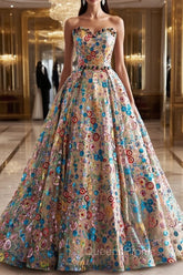 Lovely Sweetheart Floral Sequin Long Evening Prom Dress, A-Line Strapless Evening Dress