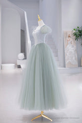 Lovely Tulle Floor Length Prom Dress, A-Line Short Sleeve Evening Party Dress
