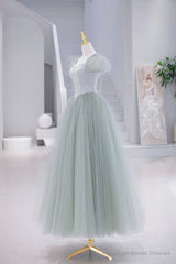 Lovely Tulle Floor Length Prom Dress, A-Line Short Sleeve Evening Party Dress