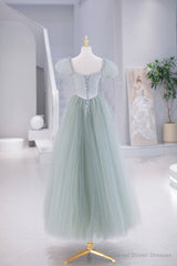 Lovely Tulle Floor Length Prom Dress, A-Line Short Sleeve Evening Party Dress