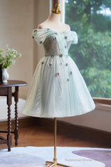 Lovely Tulle Knee Length Green Party Dress, Off the Shoulder A-Line Evening Dress