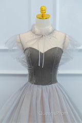 Lovely Velvet And Tulle Floor Length Evening Prom Dress, Gray A-Line Formal Evening Dress