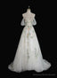 Lovely White Tulle with Floral Lace Off Shoulder Formal Dress, White Tulle Prom Dress