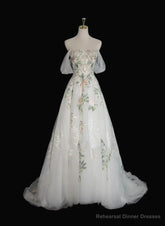 Lovely White Tulle with Floral Lace Off Shoulder Formal Dress, White Tulle Prom Dress