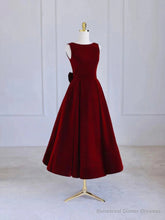 Burgundy Tea Length Velvet Prom Dress with Bowknot, Burgundy Evening Party Dress