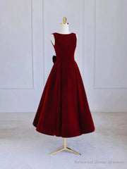 Burgundy Tea Length Velvet Prom Dress with Bowknot, Burgundy Evening Party Dress