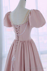Pink Satin Long A-Line Prom Dress, Cute Short Sleeve Evening Dress