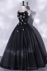 Black Tulle Long A-Line Evening Gown, Black Spaghetti Strap Evening Gown