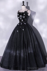 Black Tulle Long A-Line Evening Gown, Black Spaghetti Strap Evening Gown