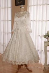 Low V Back Tea Length Lace Wedding Dress