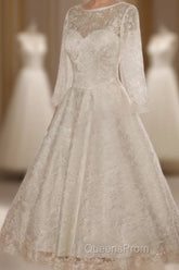 Low V Back Tea Length Lace Wedding Dress