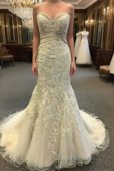 Luxurious Beaded Sweetheart Mermaid Court Train Wedding Dress Lace Embroidery