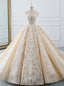 Luxurious Champagne Ball Gown Tulle Lace Appliques Backless High Neck Wedding Dress