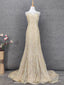 Luxurious Champagne Gold Crew Neck Rhinestone Lace Train Classy Prom Dress