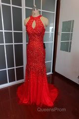 Luxurious Crystal Beaded Halter Mermaid Evening Dress Leg Split Evening Prom Gowns