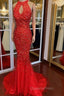 Luxurious Crystal Beaded Halter Mermaid Evening Dress Leg Split Evening Prom Gowns