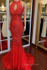 Luxurious Crystal Beaded Halter Mermaid Evening Dress Leg Split Evening Prom Gowns