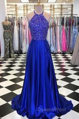 Luxurious Crystal Halter Evening Prom Dress Long Satin Leg Split Evening Gowns