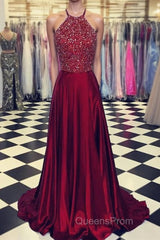 Luxurious Crystal Halter Evening Prom Dress Long Satin Leg Split Evening Gowns