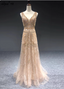 Luxurious Nude Pink A-Line V-Neck Beaded Embroidered Tulle Long Classy Prom Dress