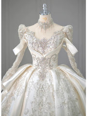 Luxury Ball Gown High Neckline Long Sleeves Sequin White Wedding Dress Brides Dress