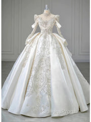 Luxury Ball Gown High Neckline Long Sleeves Sequin White Wedding Dress Brides Dress