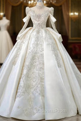 Luxury Ball Gown High Neckline Long Sleeves Sequin White Wedding Dress Brides Dress