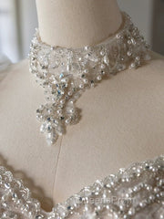 Luxury Ball Gown Sweetheart Neckline Long Sleeves Sequin White Wedding Dress Brides Dress