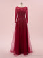 Luxury Burgundy Tulle Long Sleeve Beading Sequins Prom Dress