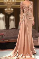 Luxury Evening Dress Mermaid Long Sleeves Appliques Beaded Long Turkey Dubai Saudi Arabic Evening Gown Evening Prom Dress