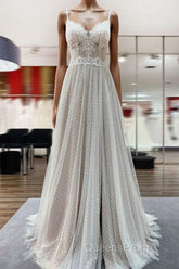 Luxury Long A-line V-neck Tulle Open Back Lace Wedding Dress