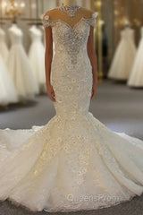 Luxury Long Mermaid Full Beading Lace Tulle Wedding Dress