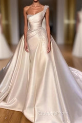 Luxury Satin Wedding Dress Beaded One Shoulder Bridal Dress With Panel Train Floor Length Elegant