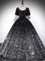 Luxury Shiny Black-Silver Gradient A-Line Short Sleeve Sequin Long Classy Prom Dress