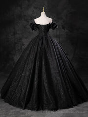 Black Sparkly Tulle Off the Shoulder Long Formal Dress, Elegant A-Line Black Evening Party Dress