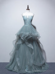 Dusty Green Spaghetti Strap Ruffled Floor-length Formal Dress, Cute Tulle Lace Evening Party Dress