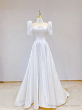 White Satin Short Sleeve Floor Length Prom Dress, White A-Line Party Dress