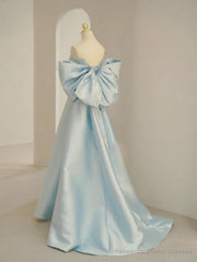 Charming Blue Satin Long Prom Dress with Big Bow, A-Line Sweetheart Neck Formal Dress
