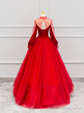 Red Velvet Tulle Floor Length Prom Dress, Beautiful Long Sleeve Evening Party Dress